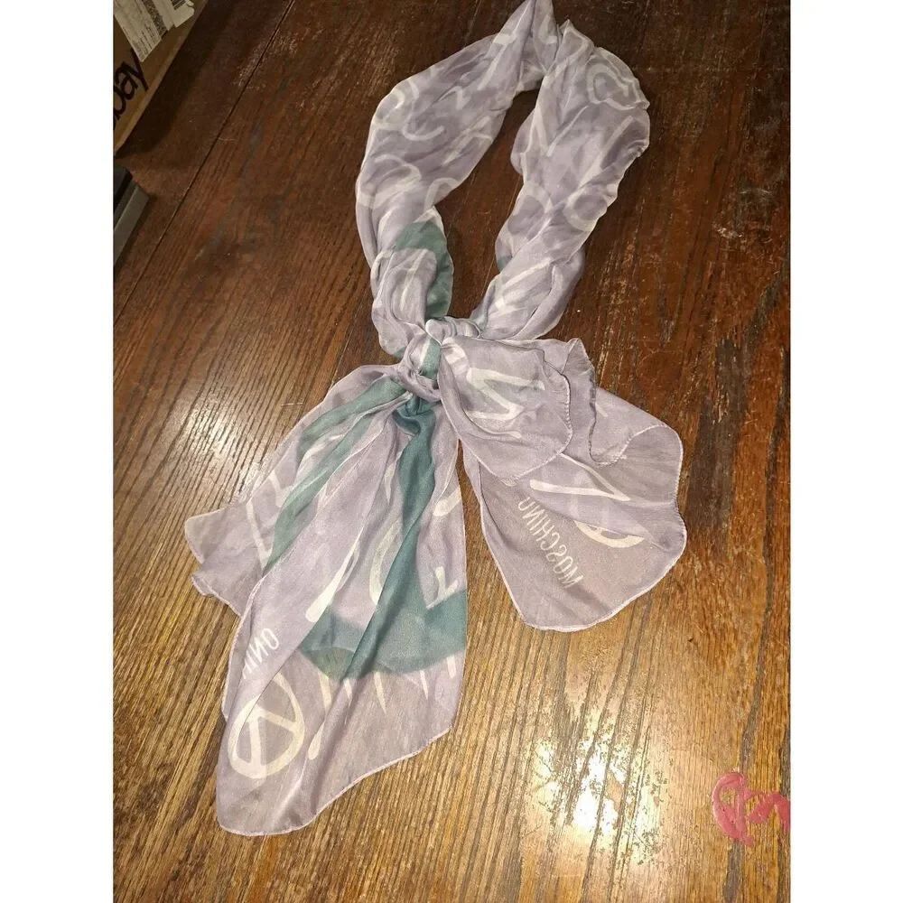 Moschino Silk Purple White Blue Scarf Wrap Logo Peace Sign Heart